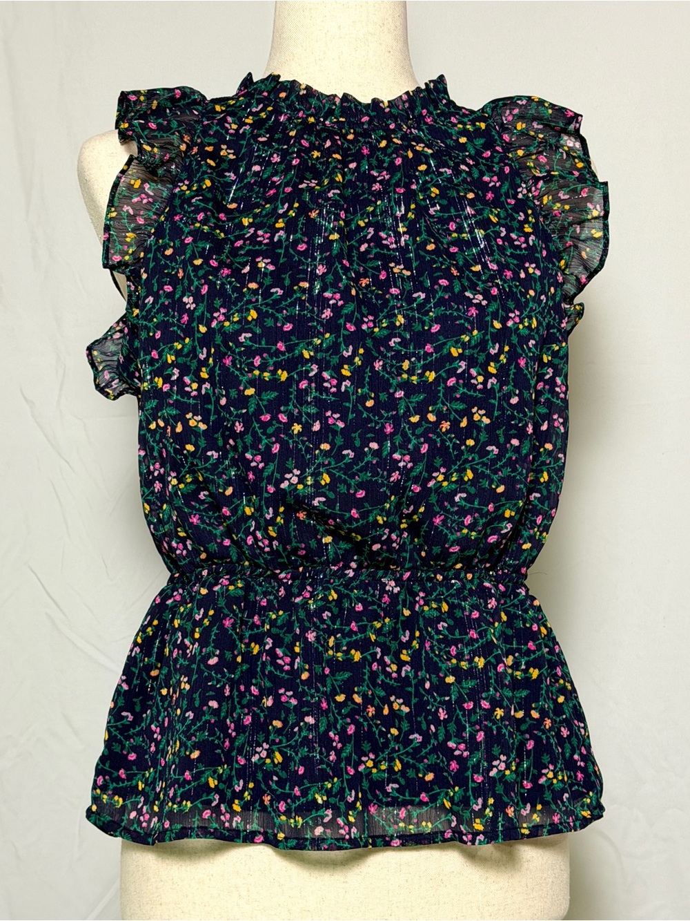 Banana Republic Black Floral Ruffle Neck Sleeveless Top, coquette, prairie, Sm